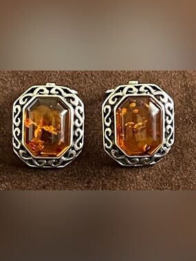 925 SILVER & AMBER SCROLLED EDGE EARRINGS/ CLIP ONS/ SIGNED /3/4” L X 1/2” W